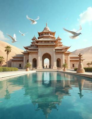 The primary subject of the image is a large, ornate building with a swimming pool in front of it. The building has a distinctive architectural style, and it is surrounded by a beautiful garden. The setting is a desert landscape, which adds to the overall atmosphere of the scene. The visual style of the image is a combination of photo and digital art, creating a unique and captivating representation of the building and its surroundings. The colors and mood of the image are predominantly warm and inviting, with the swimming pool and the garden providing a sense of relaxation and tranquility.